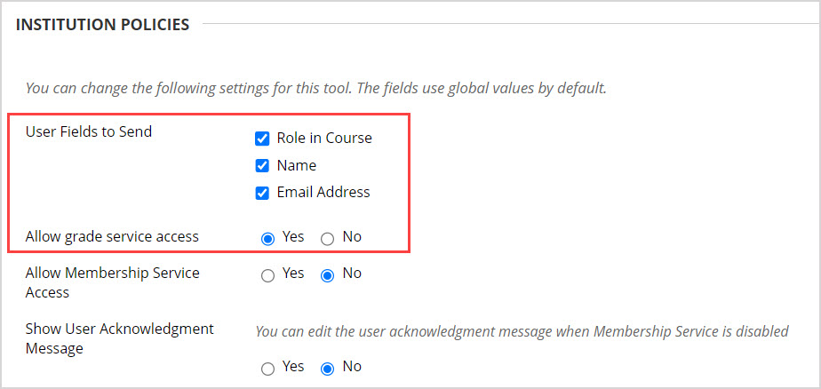 Under the Institution Policies heading, User Fields to Send checkboxes are highlighted.